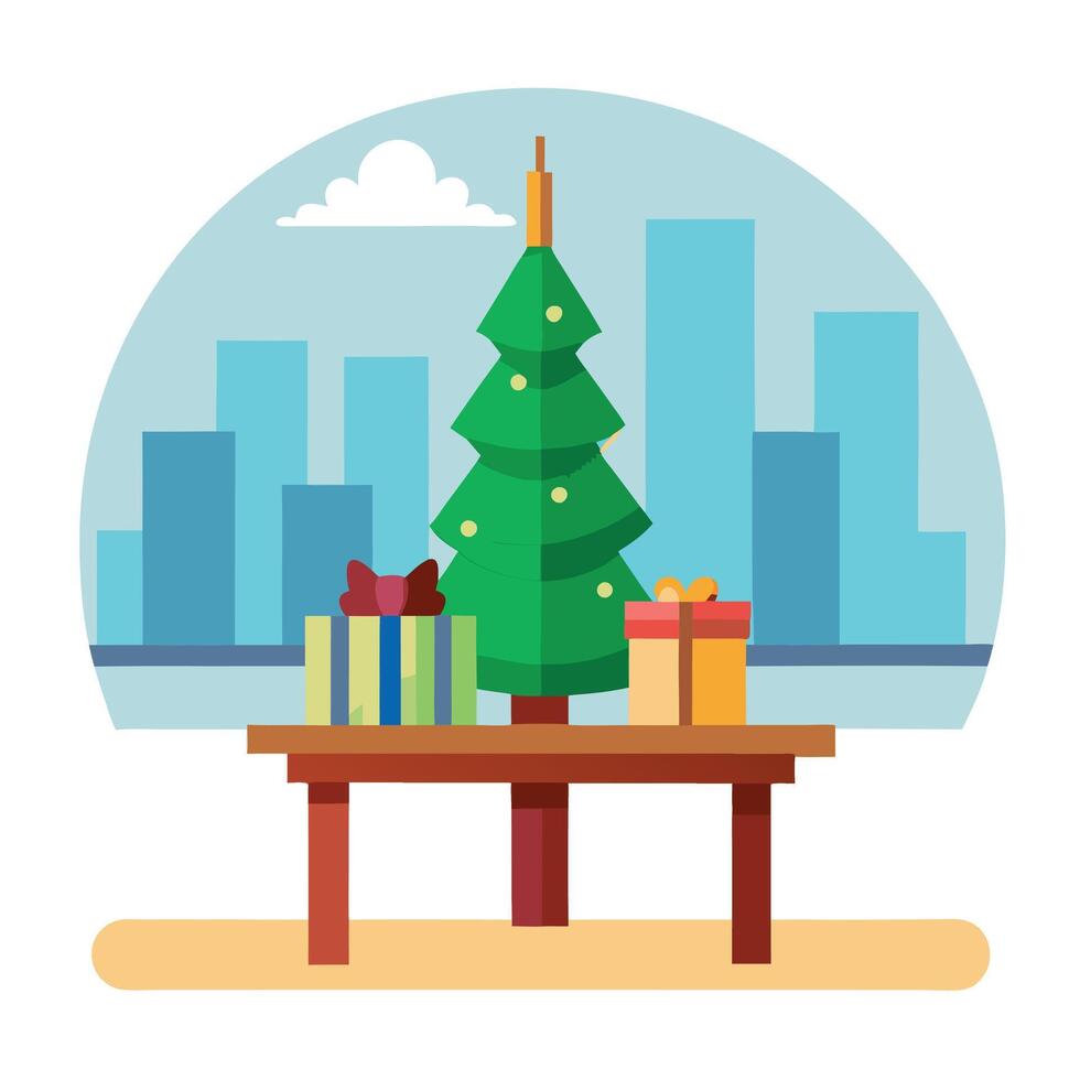Wooden table with Christmas tree and gift boxes on background of blurry cityscape. vector