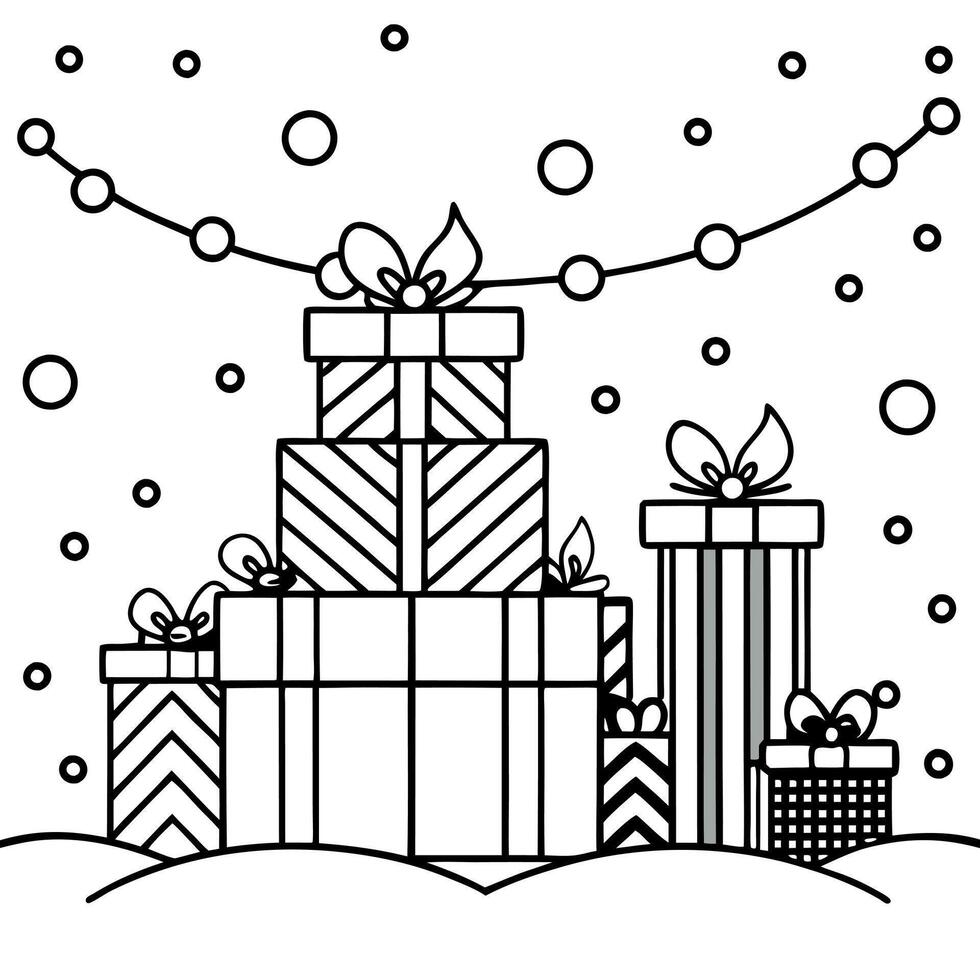 Colourful Christmas presents in a winter landscape with bokeh lighting. vector