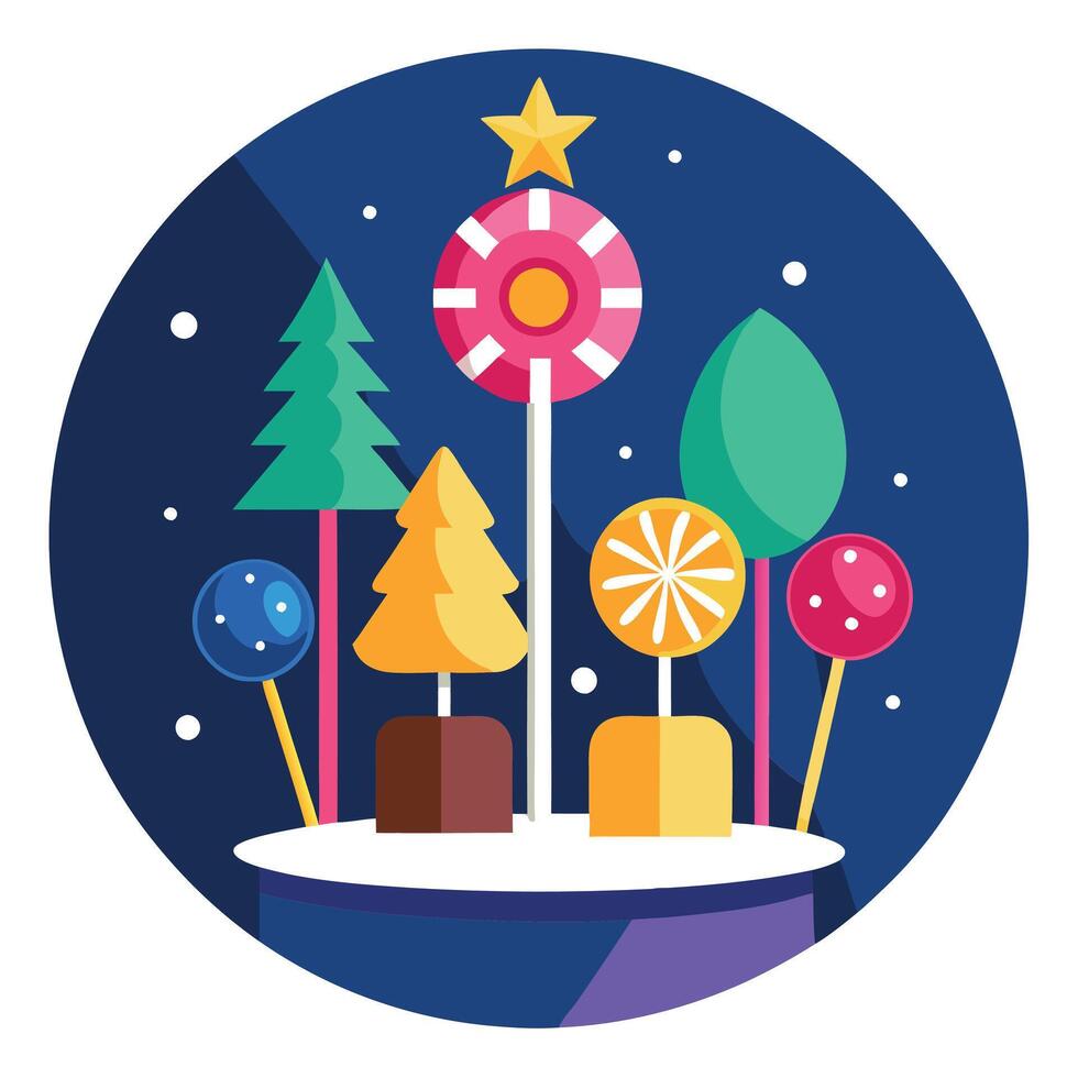 Colorful christmas centerpiece of candy and christmas trees on sticks in a dark blue background vector