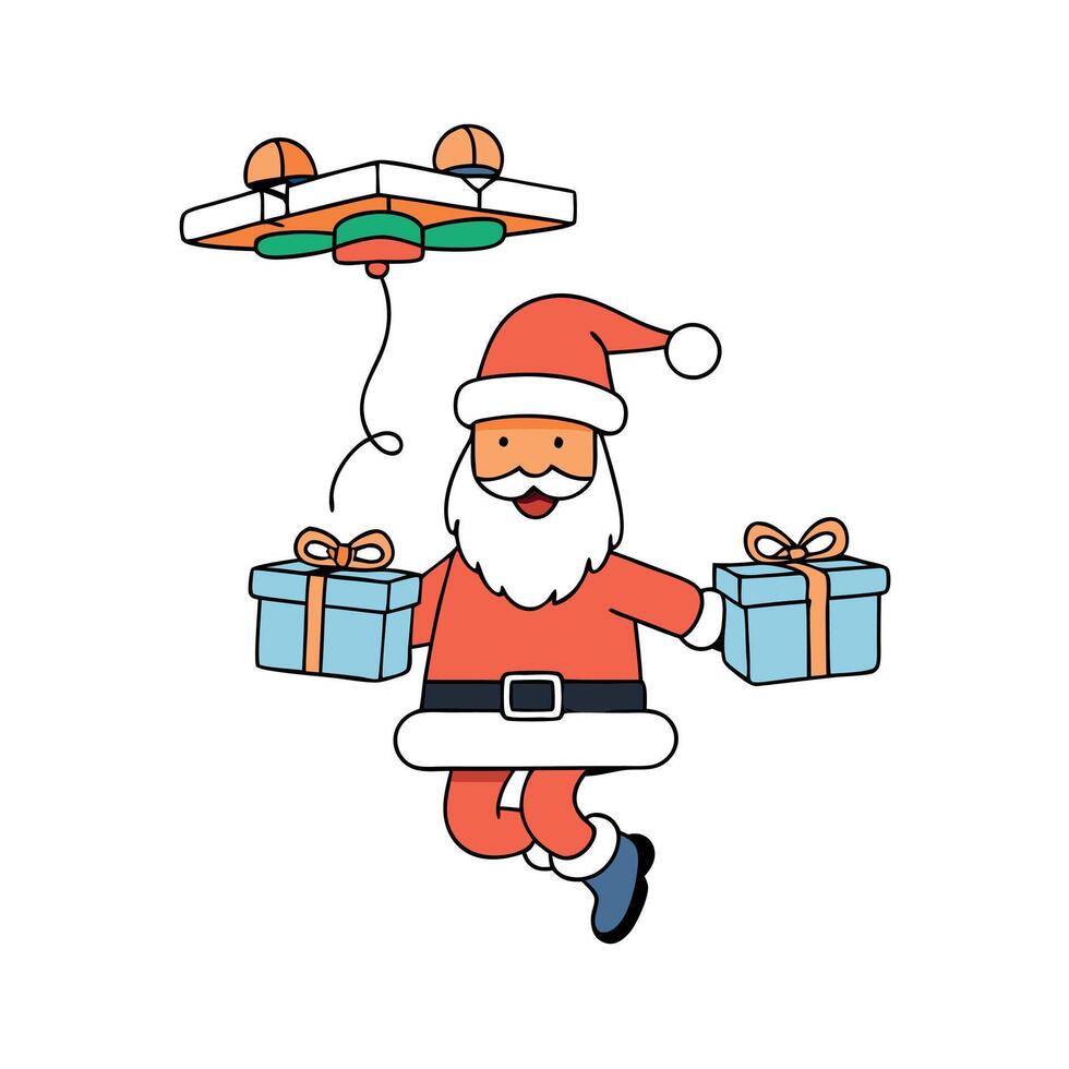 Santa Claus Flying on a drone to deliver Xmas gifts. Generative art vector