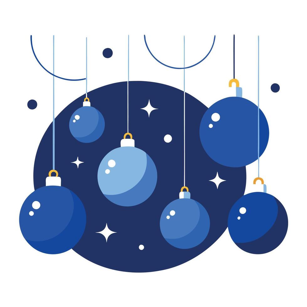 A group of blue christmas balls hanging from a string on a dark background. vector