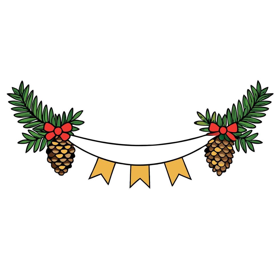 Christmas long banner. Pine tree branches garland with cones on transparent background vector