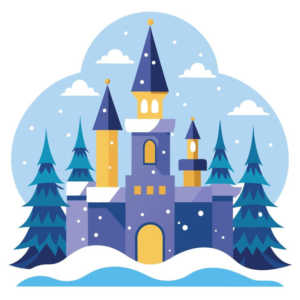 Magical fairy tale castle in winter forest at christmas vector