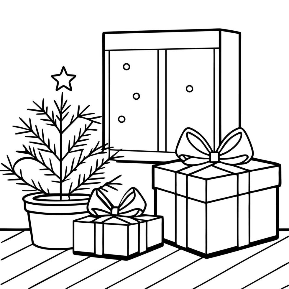 Close up beautiful christmas gift boxes on floor near fir tree in room. Ornament decorations. vector