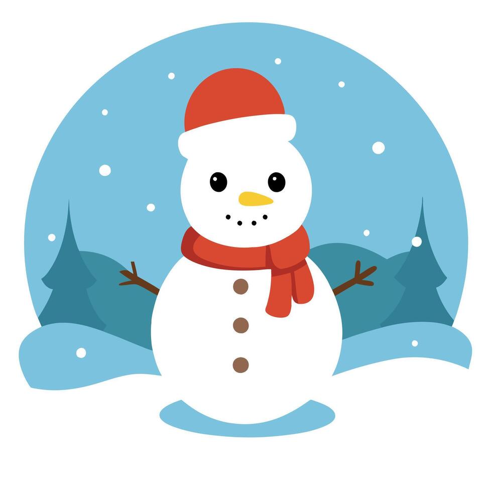 Tiny cute snowman standing on snowy field in winter christmas festive. vector