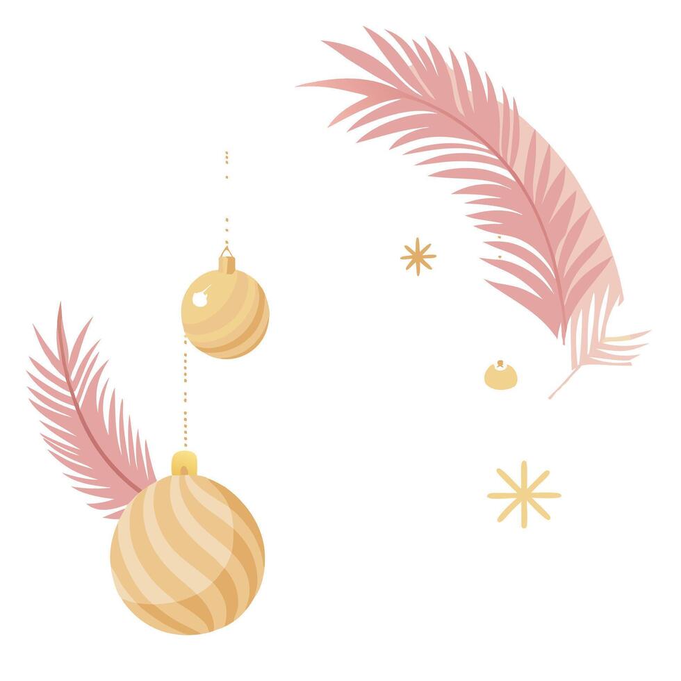 Elegant Pastel Pink and Gold Christmas Background. Festive Decorations with Ostrich Feathers. vector