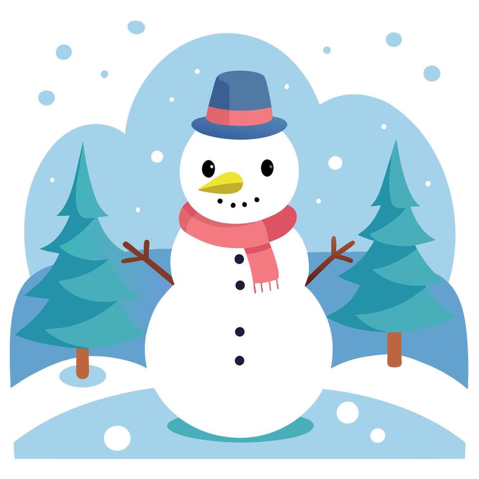 Snowman standing in winter landscape as christmas illustration vector