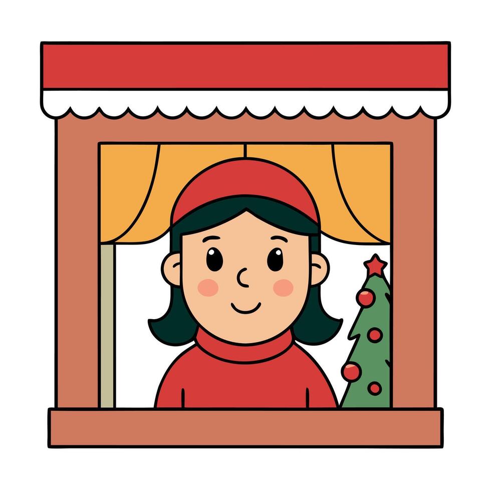 Close up portrait of a girl looking to the Christmas shop window. vector
