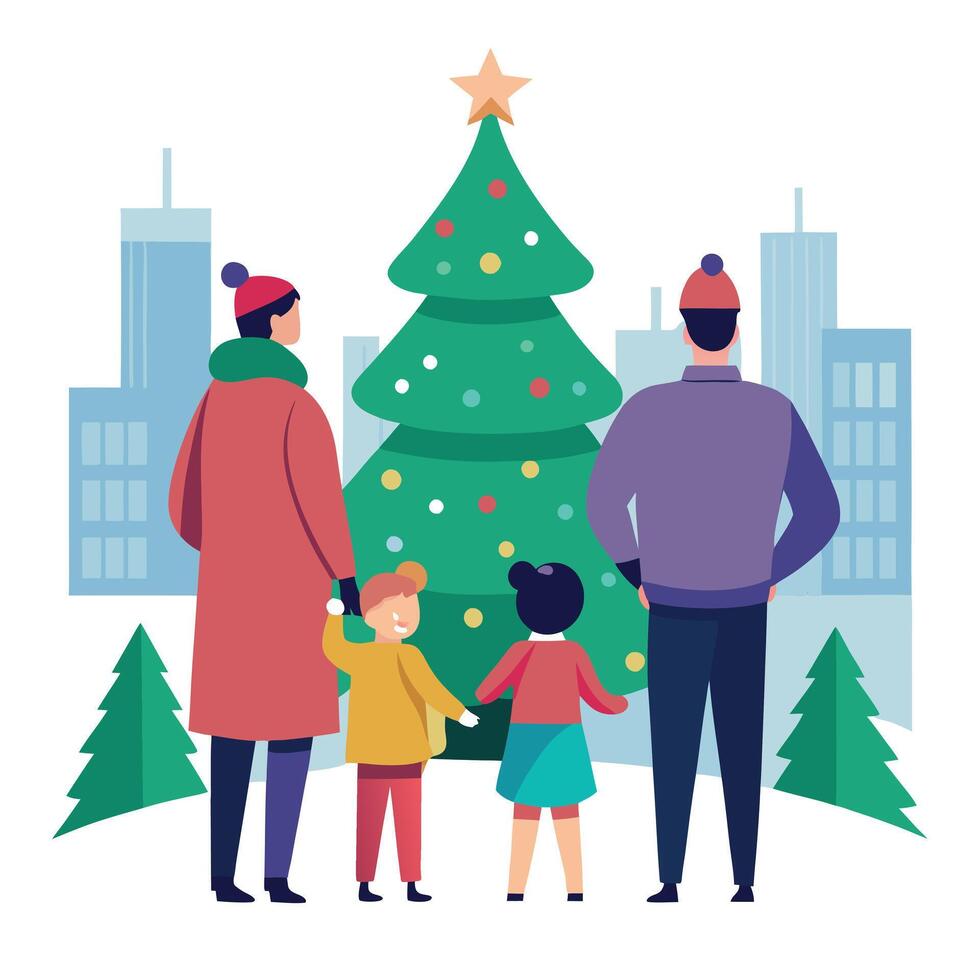 Back view of happy family looking at chistmas tree in the square of big city during Christmas time vector