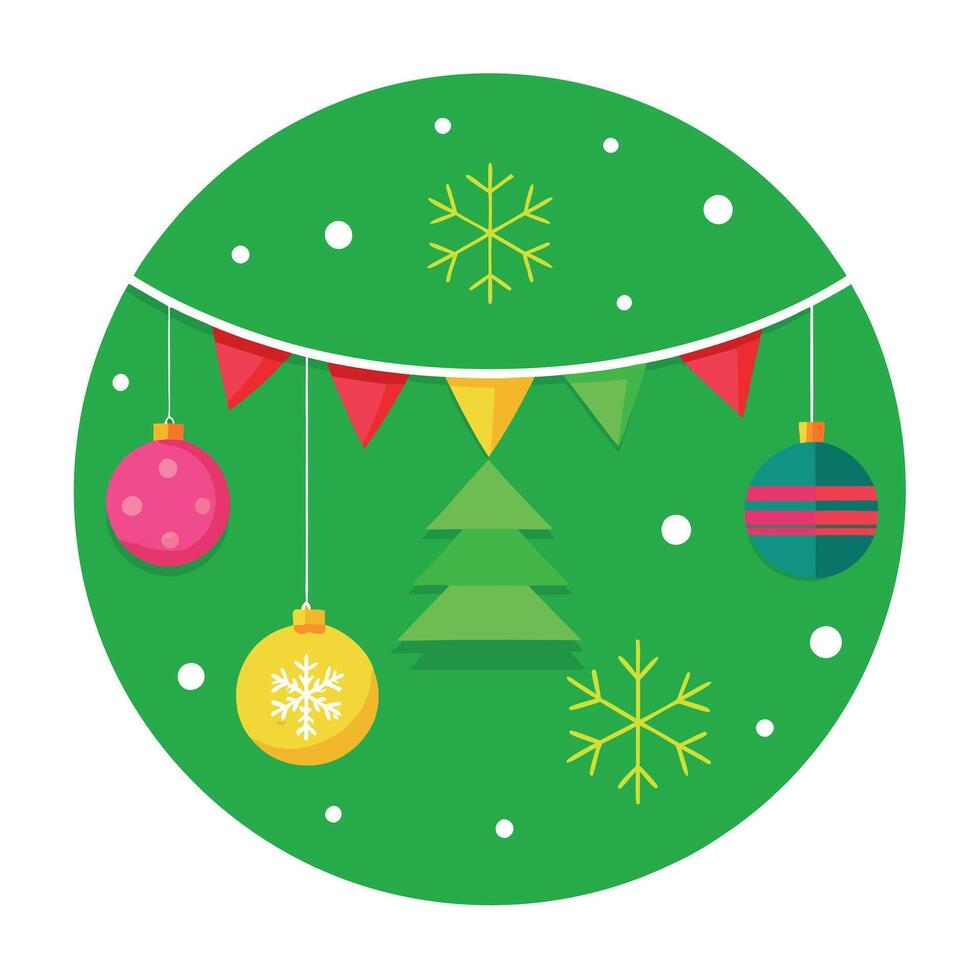 Festive Christmas banner with snowflakes. neon garlands. baubles on green background vector