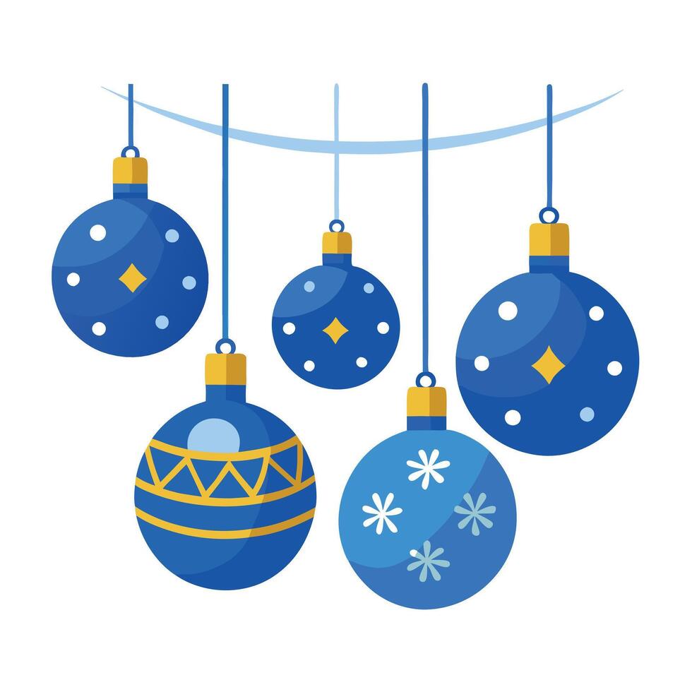 A group of blue christmas ornaments hanging from a line on a string. vector
