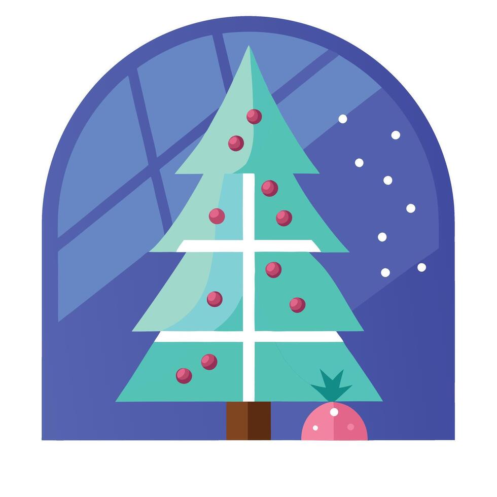 View of nice white christmas tree and window on its back. vector