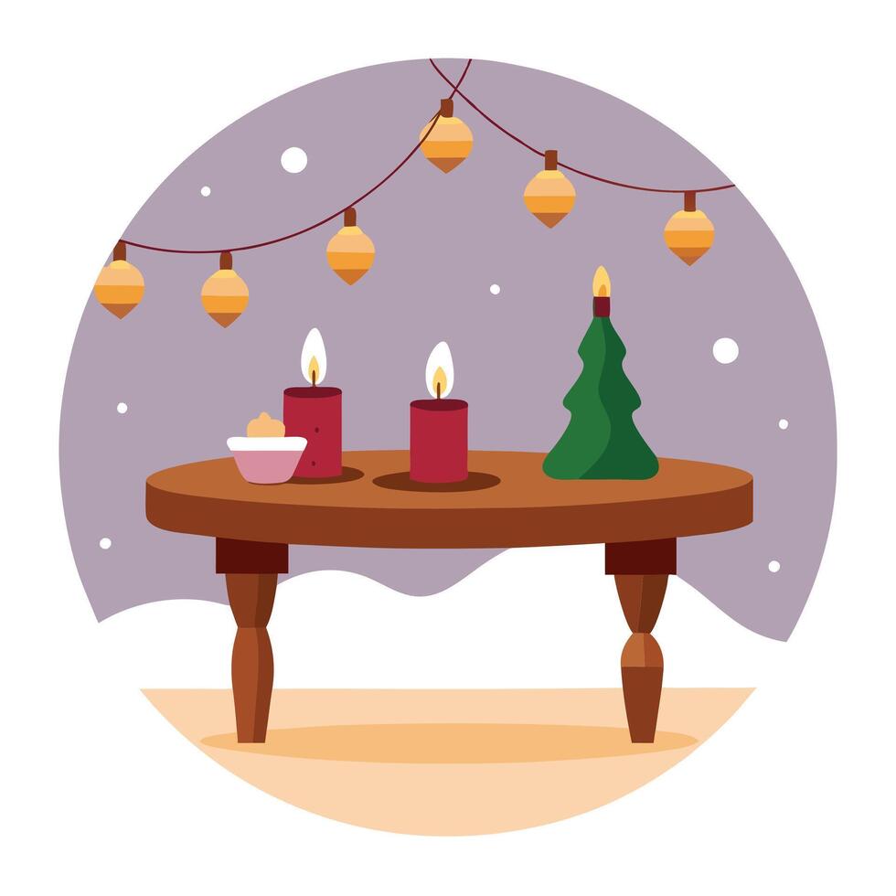 A wooden table topped with candles and christmas lights. Winter festive background. vector