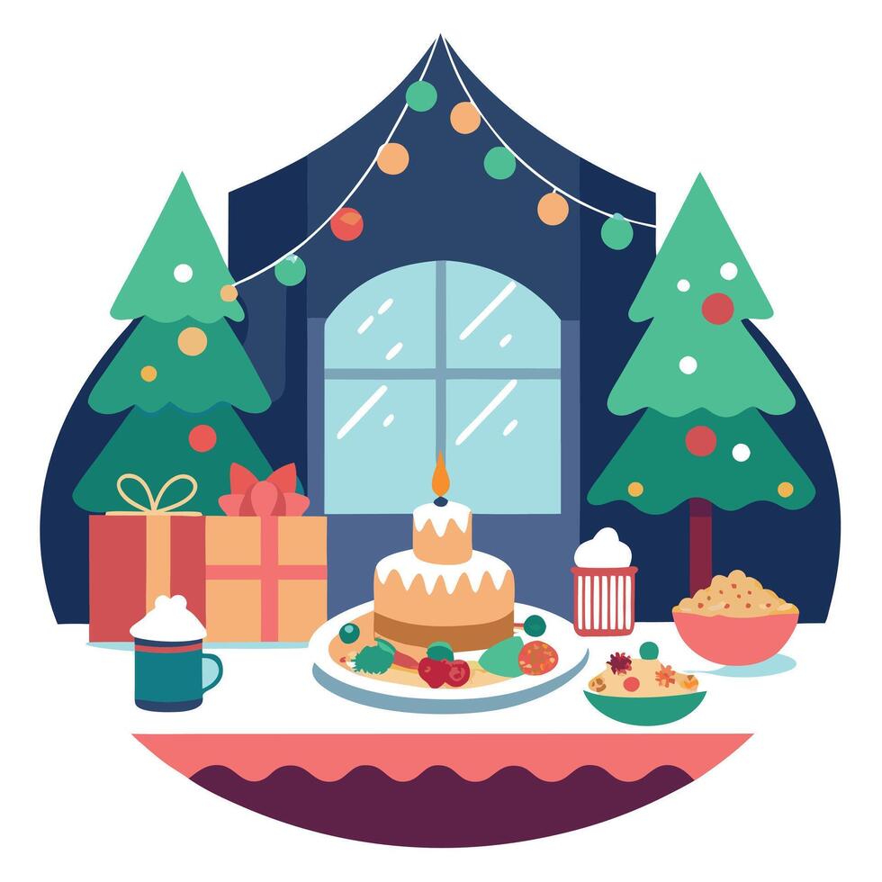 Christmas banquet in a cosy room. Food buffet for the holidays. illustration. vector