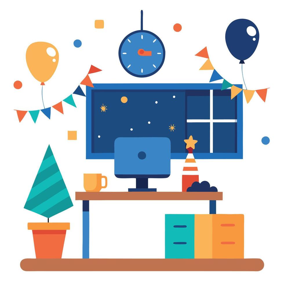 Image of decorated office room for new year celebration party created with technology vector