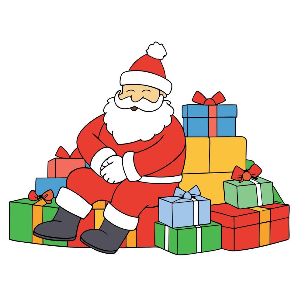 Santa Claus Relaxing Amidst Pile of Christmas Presents vector