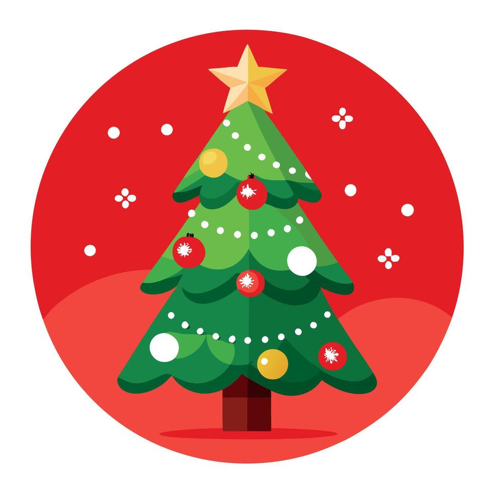 Red Christmas tree with lights and ornaments on red background. vector
