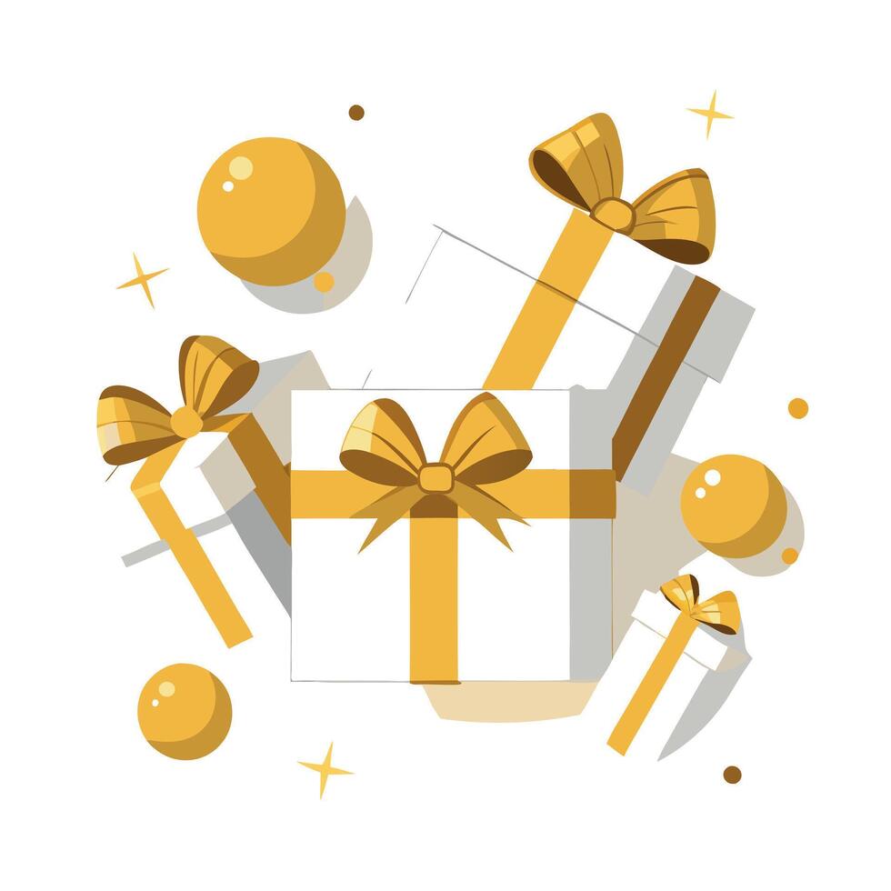 Gifts with golden ribbon and gold balls on white background vector