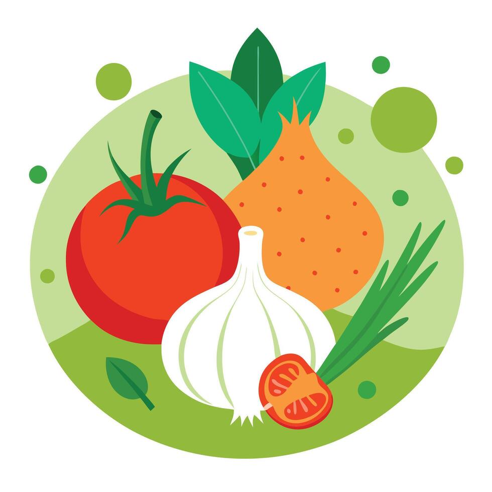 Tomatoes. onions. garlic. and parsley on a green surface. vector
