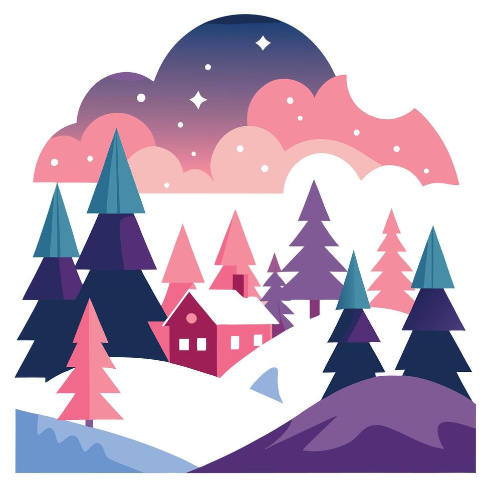 Pink christmas trees and houses in a forest at sunrise in a snowy sceney with clouds. illustration vector