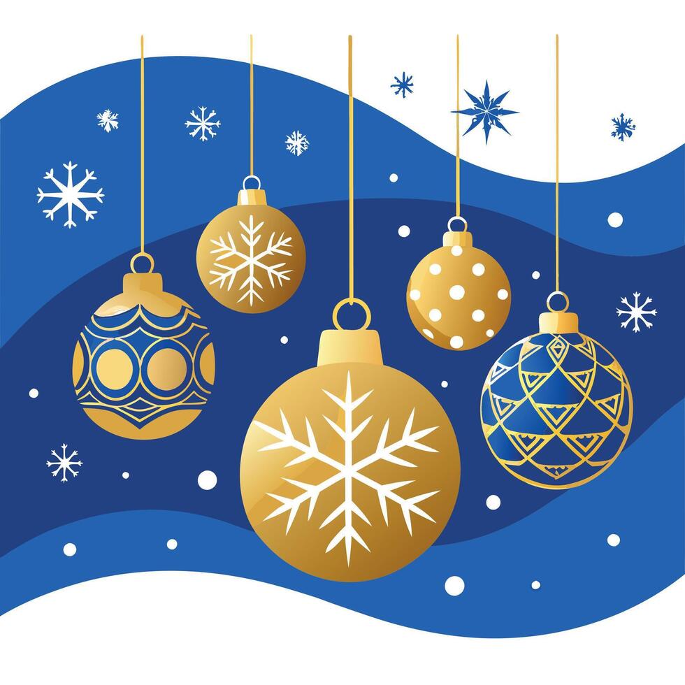 Blue christmas background with gold ornaments and snowflakes on blue background. vector
