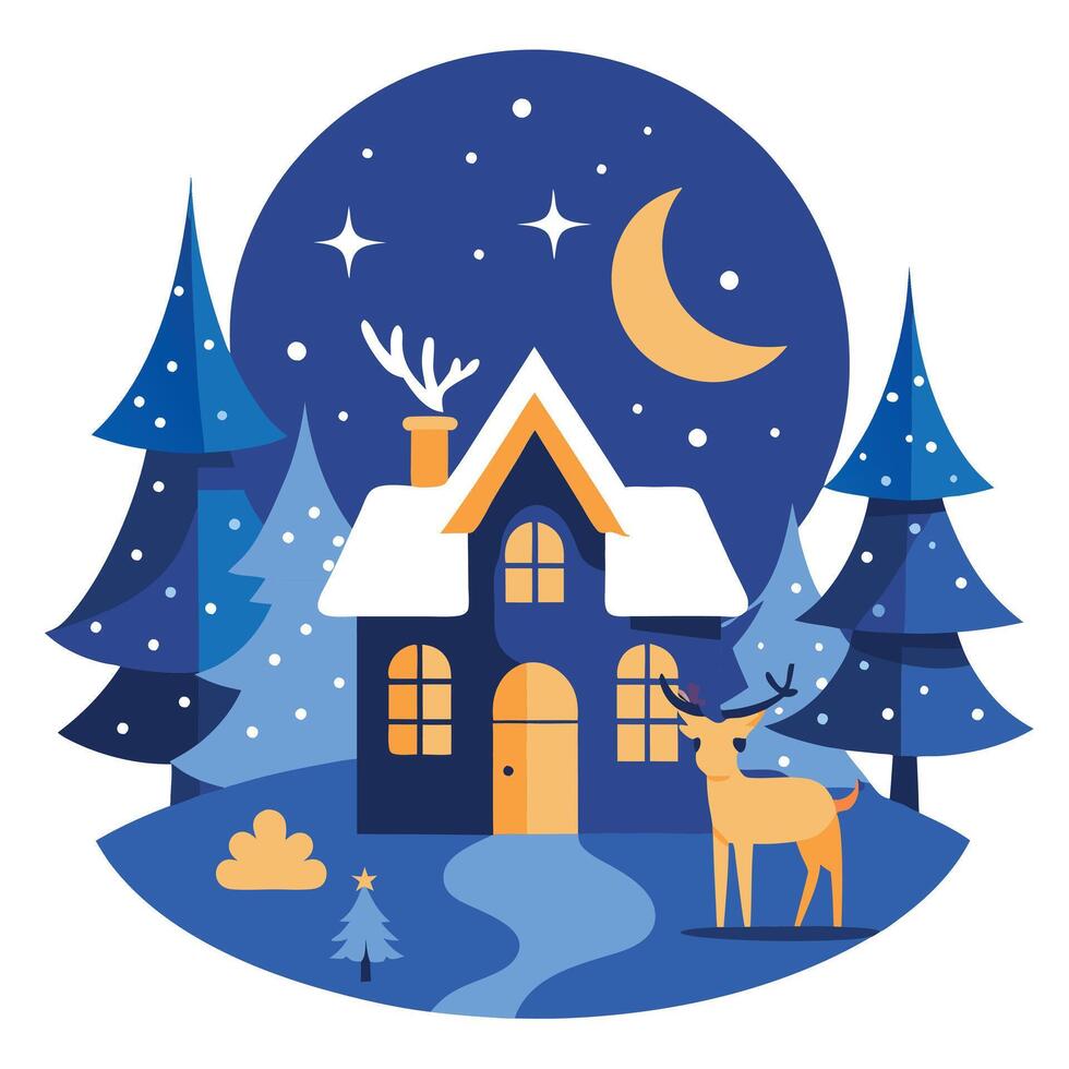Christmas illustration with a house. Christmas trees. deers. the moon and stars. image vector