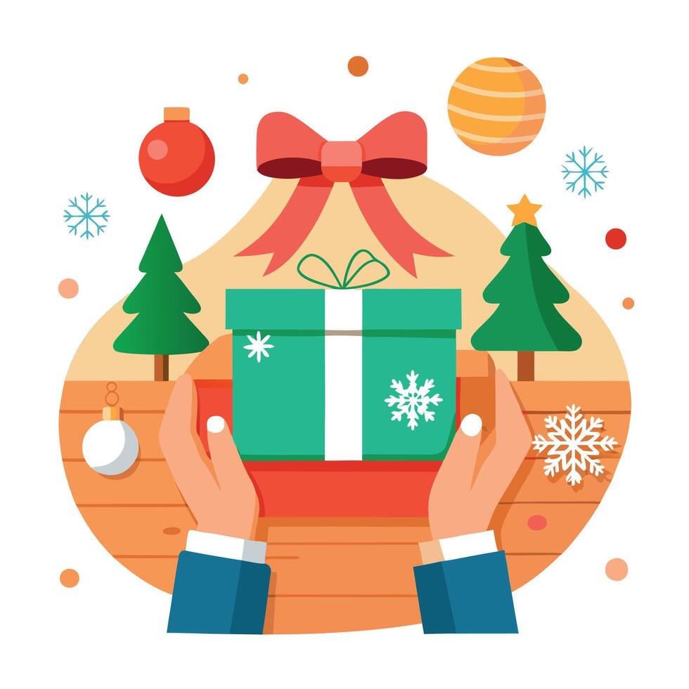 Hands holding a Christmas gift. which is on a wooden table with Christmas decorations. vector