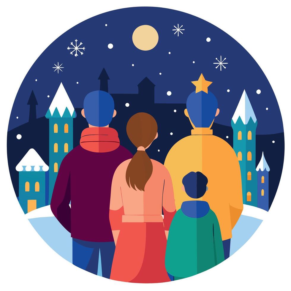 Image of back view on a family enjoying the view of the Christmas decorated city at night vector