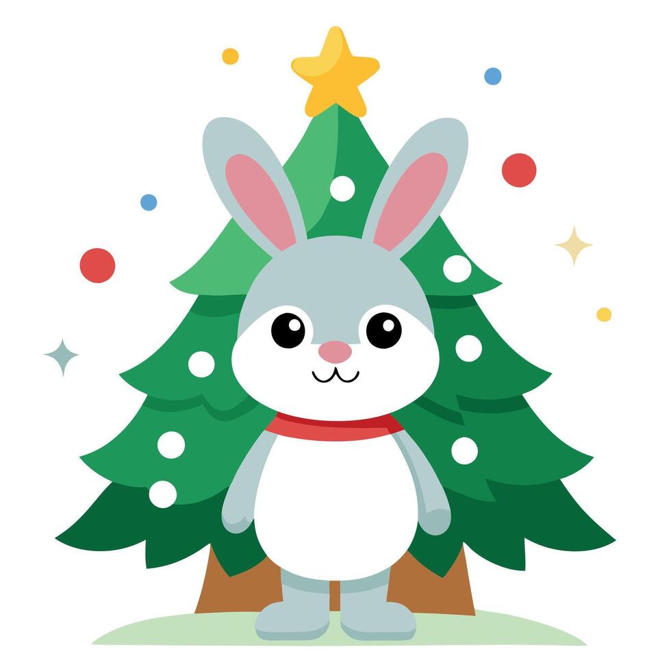 Cute little rabbit on the background of the christmas tree. bunny on the christmas background vector