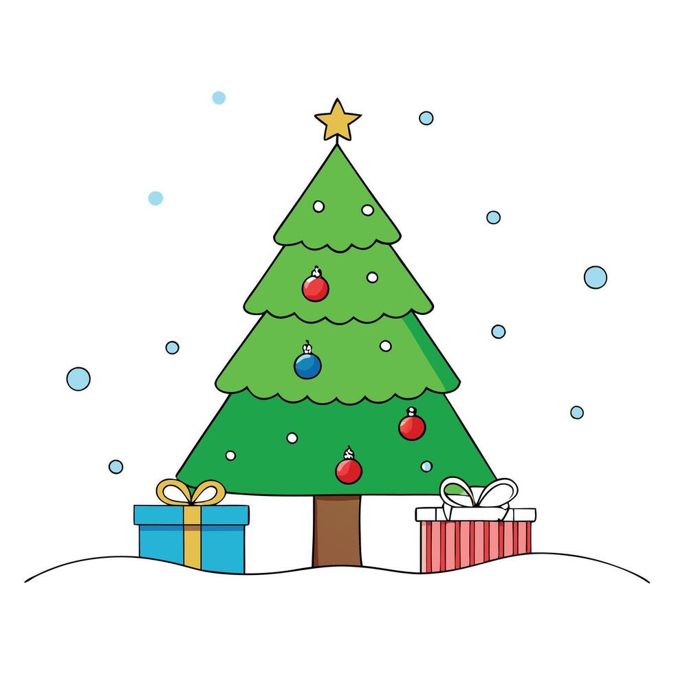 Christmas tree and presents on snowy background. room for marketing copy and text. winter seasonal vector