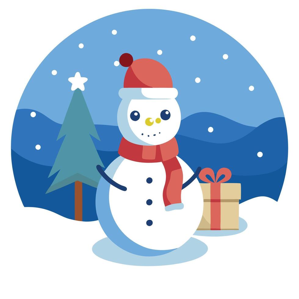 Create a snowman scene with the gift in a snowy landscape. vector