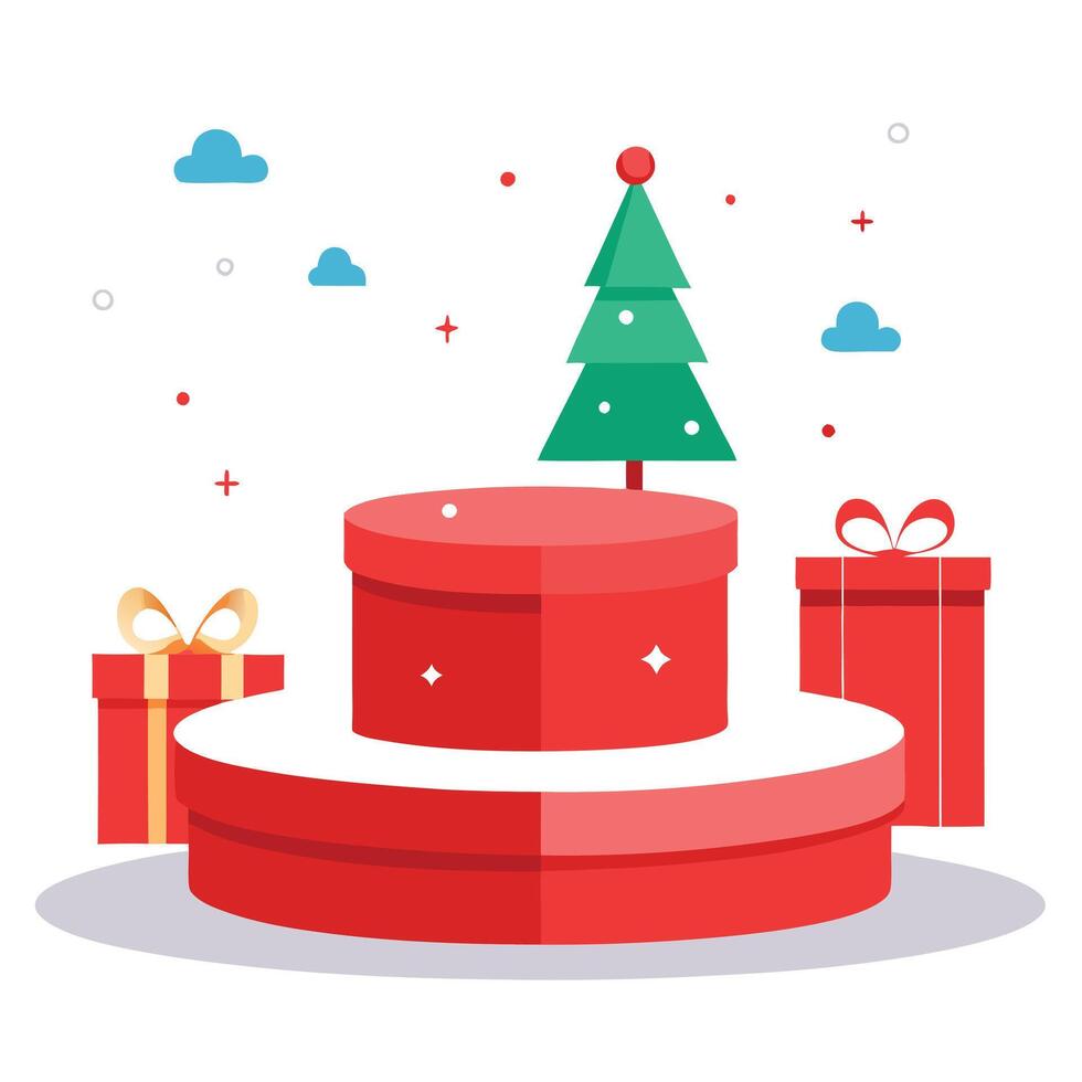 Red christmas podium mockup for product. winter christmas red background with tree xmas vector
