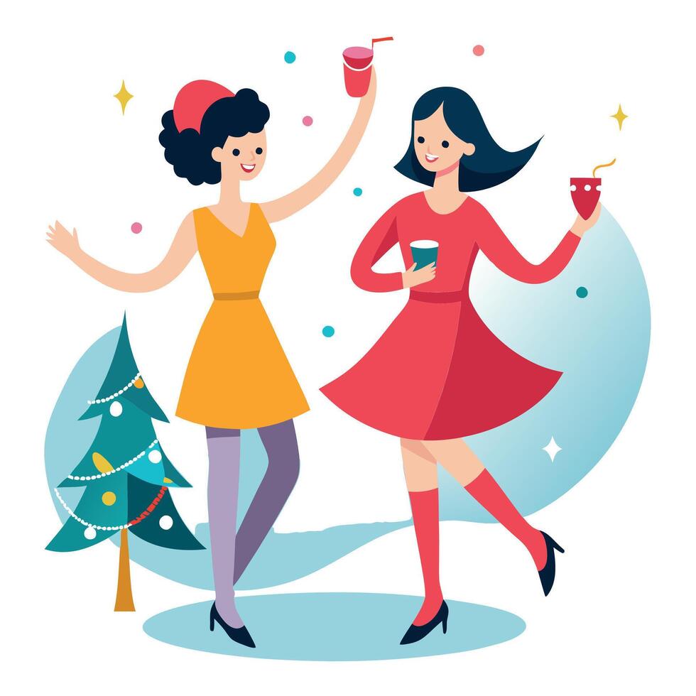 Two girls dancing and drinking in a nightclub on Christmas holidays vector