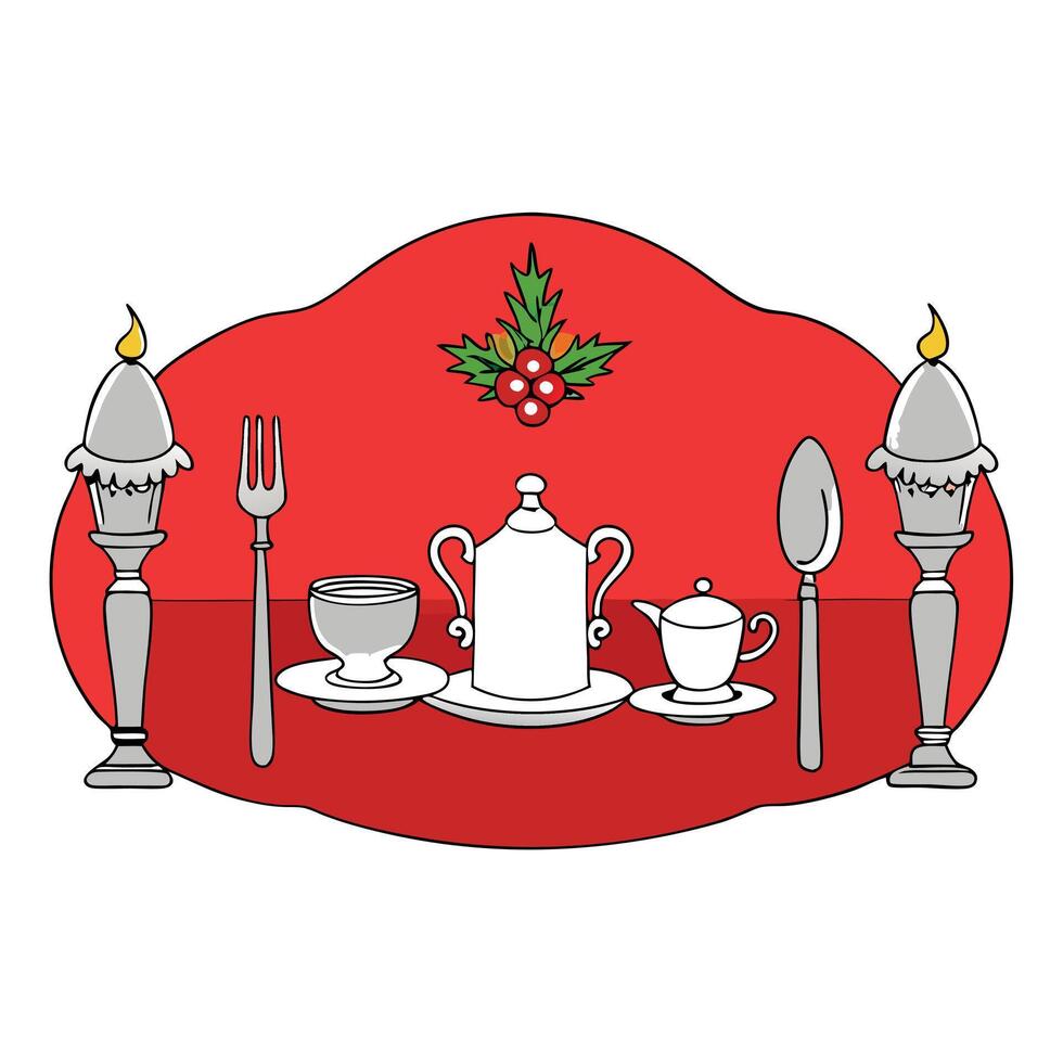 Classic festive setting with antique silverware and decor on a red backdrop vector