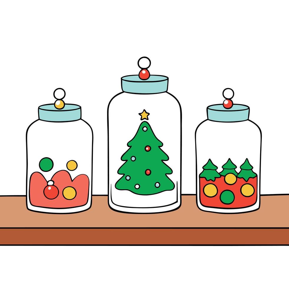 Three glass jars filled with christmas decorations on a table. vector