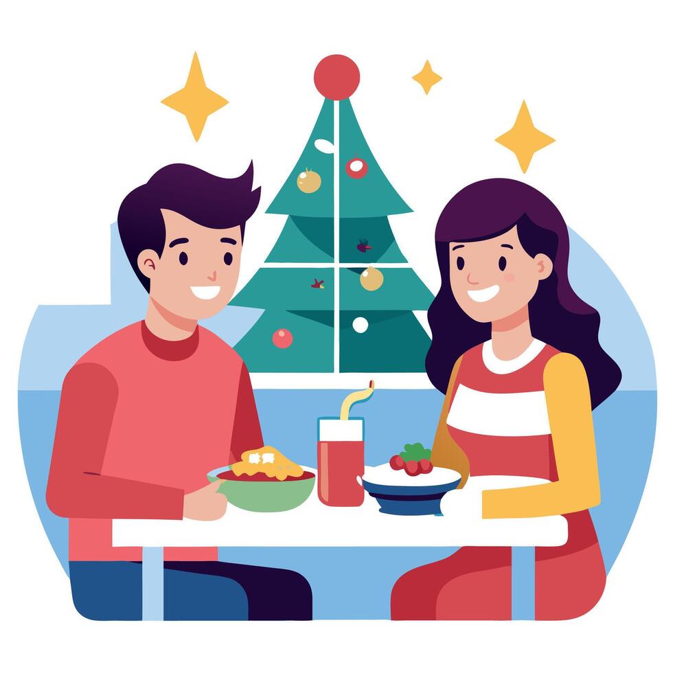 Happy young couple having dinner at home for Christmas vector