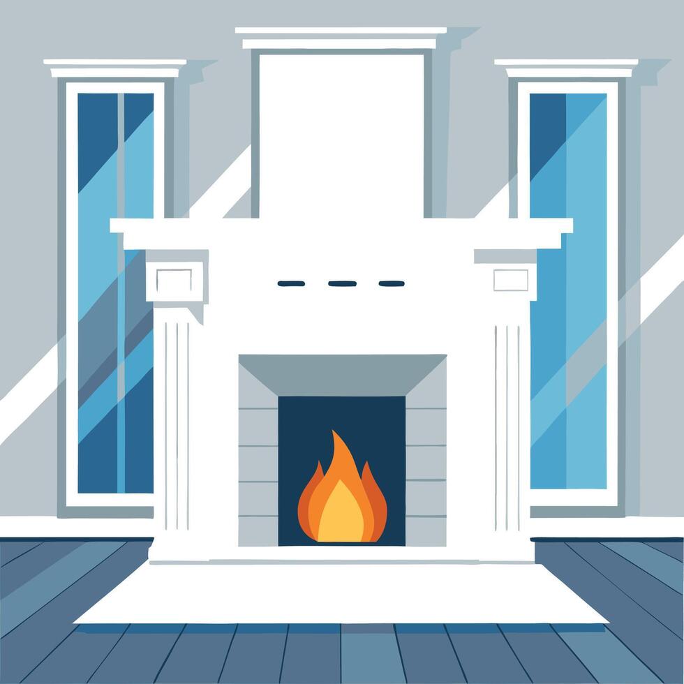 Modern classic white interior with fireplace. wall panels. wooden floor. vector