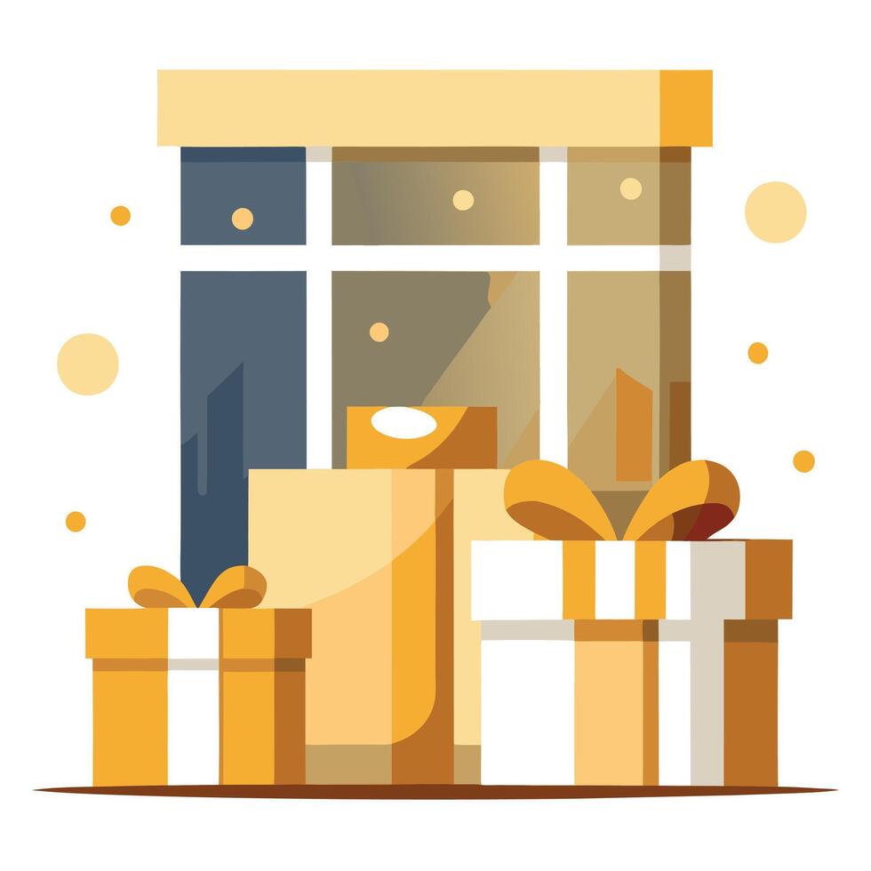 Gifts and boxes in front of a window vector