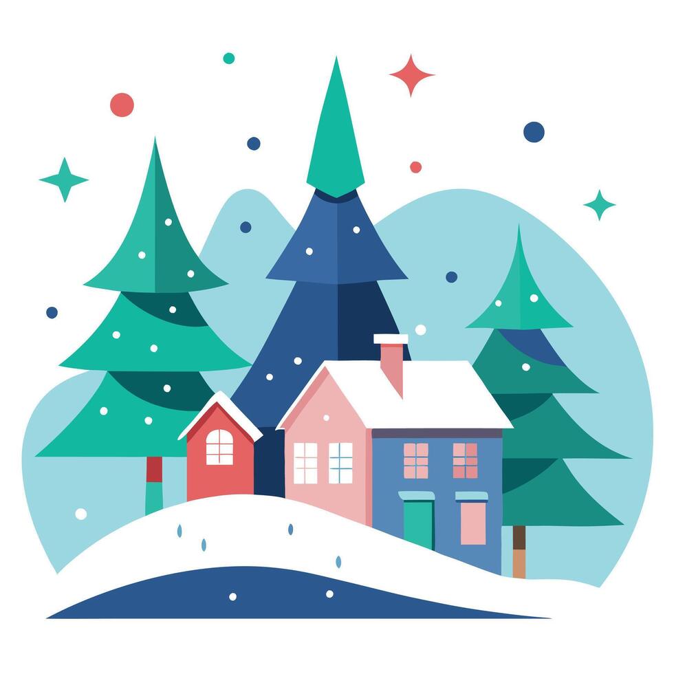Abstract minimal winter Christmas background with Christmas tree. village house. vector