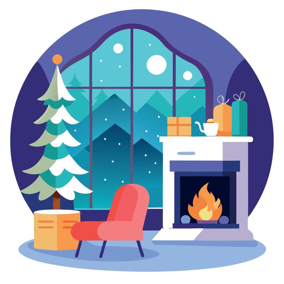 Cozy living toom interior with large windows and a fireplace. winter christmas setting vector