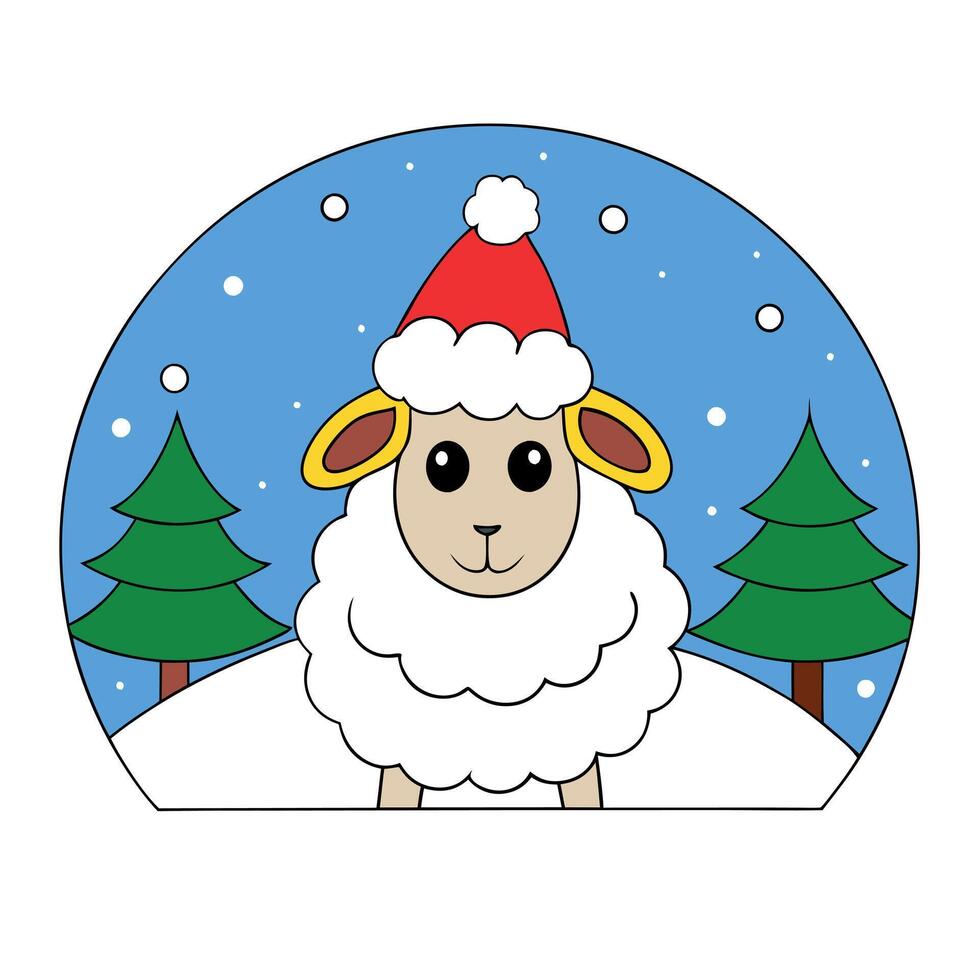 Close-up of a sheep with santa hat. christmas trees and decorations in the snow. winter night scene vector