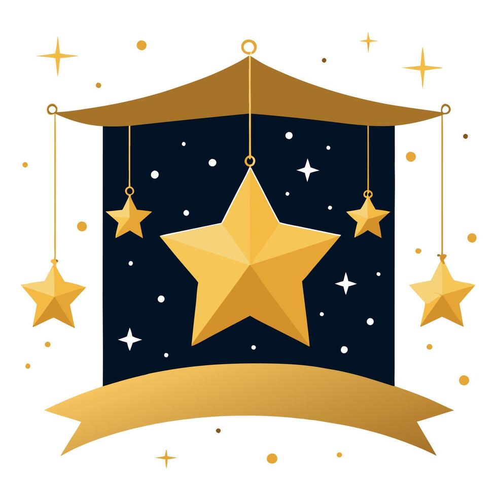 Luxury Christmas banner with realistic hanging gold stars on a sparkeling background. Illustration . vector