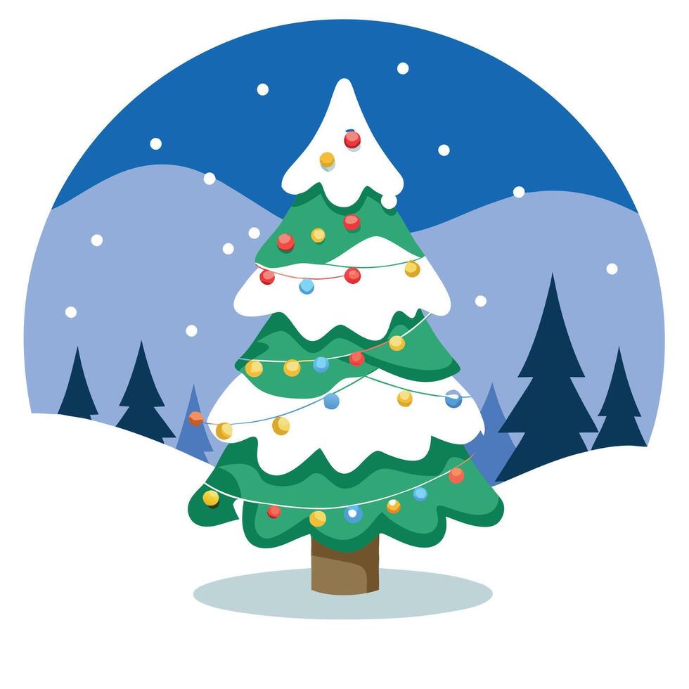 Christmas tree with lights and snow in the background vector