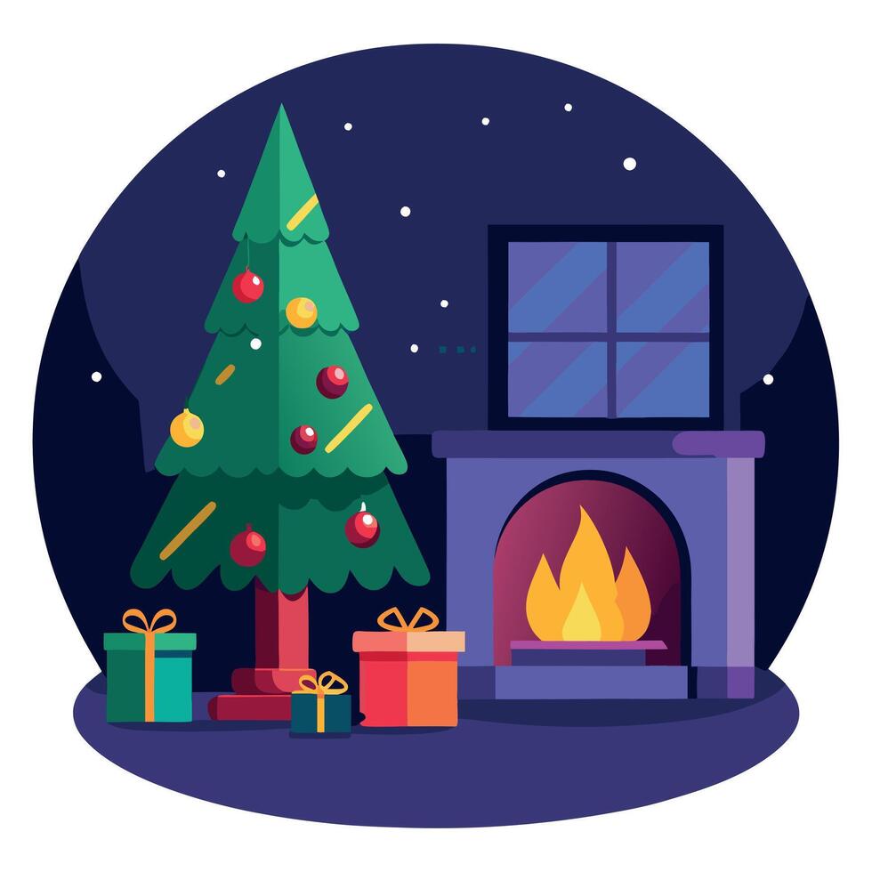 Interior christmas. magic glowing tree. fireplace gifts in dark. vector