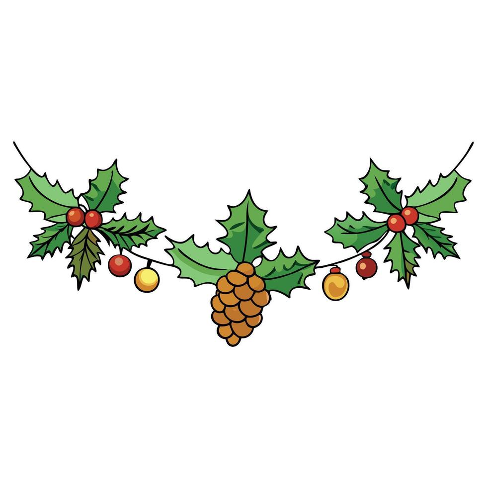 Christmas garland of evergreen tree pine and holly berries and cones on isolated white background vector