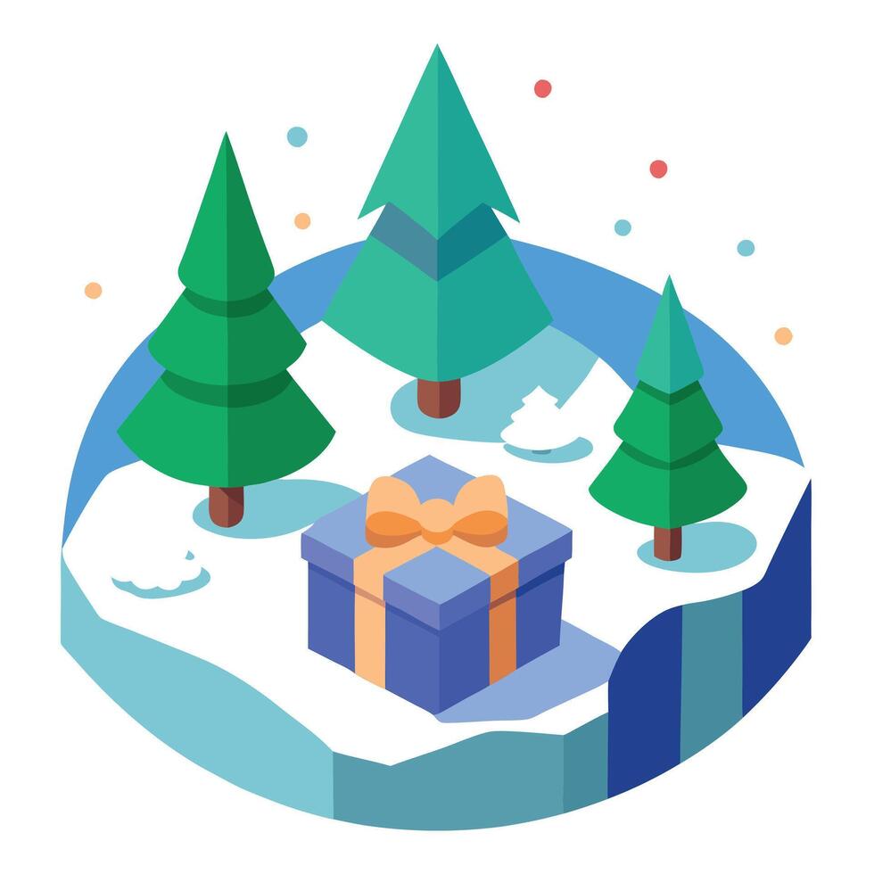 Gift box and christmas trees in snowy landscape 3d rendering vector