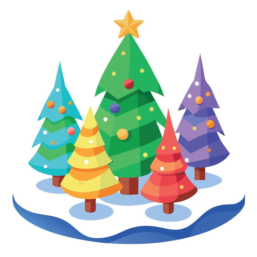 3D art. Colorful decorated christmas trees in winter landscape as romantic xmas illustration vector