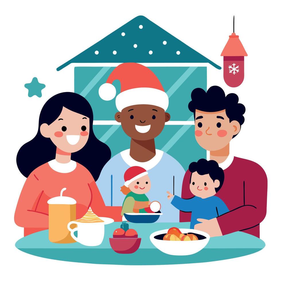 Happy little baby girl and diverse family in a christmas dinner in a modern home vector