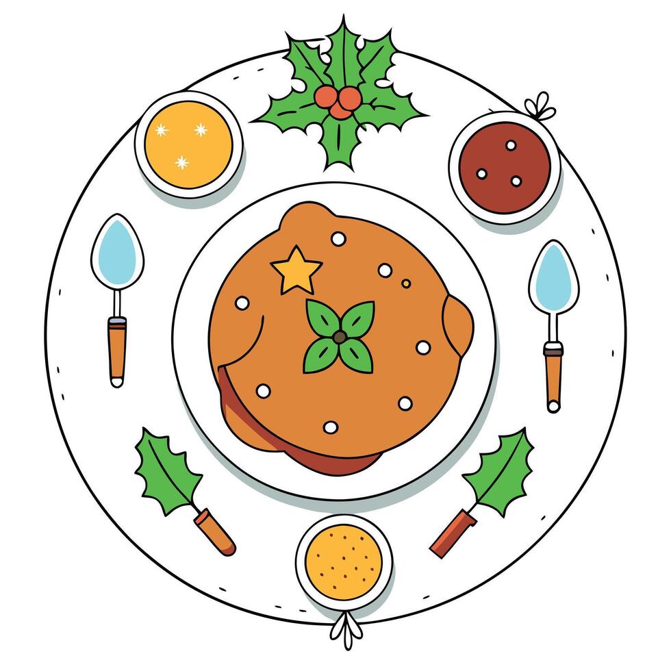 Overhead view of a luxury festive christmas meal dinner plate with decorations vector