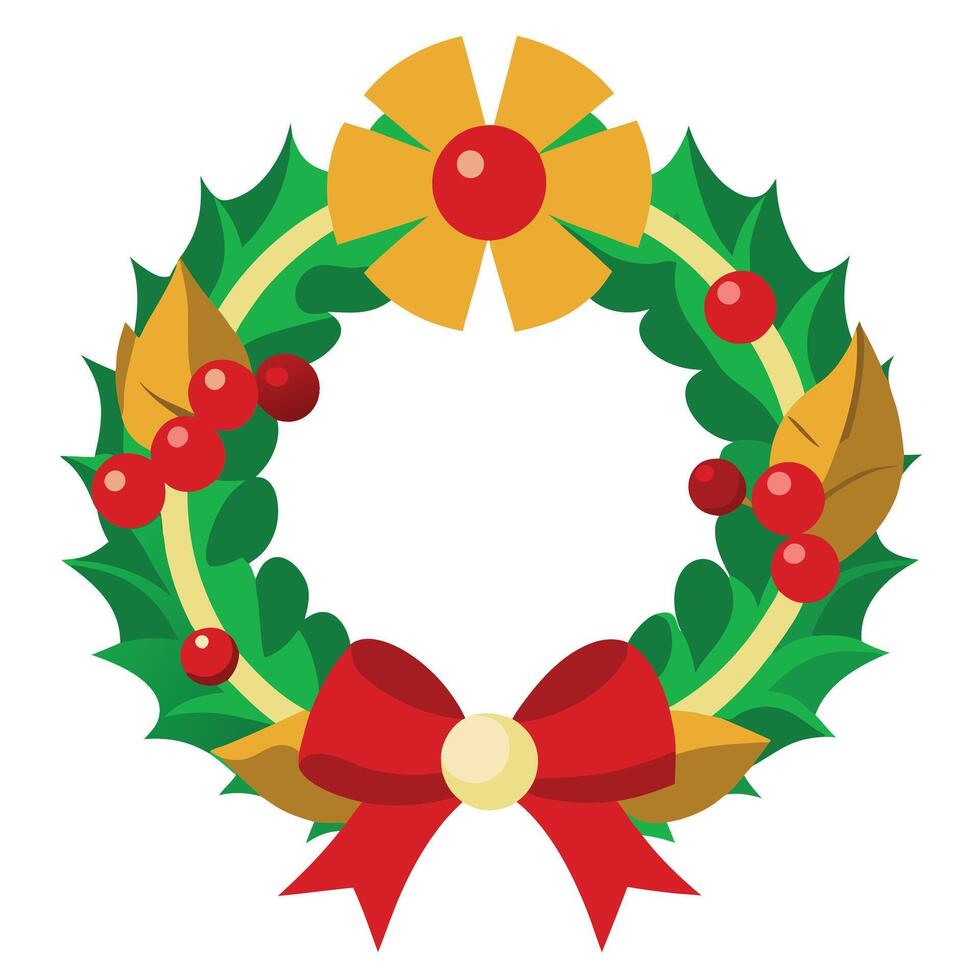 Christmas wreath with red and gold ribbons. pinecones. and holly vector